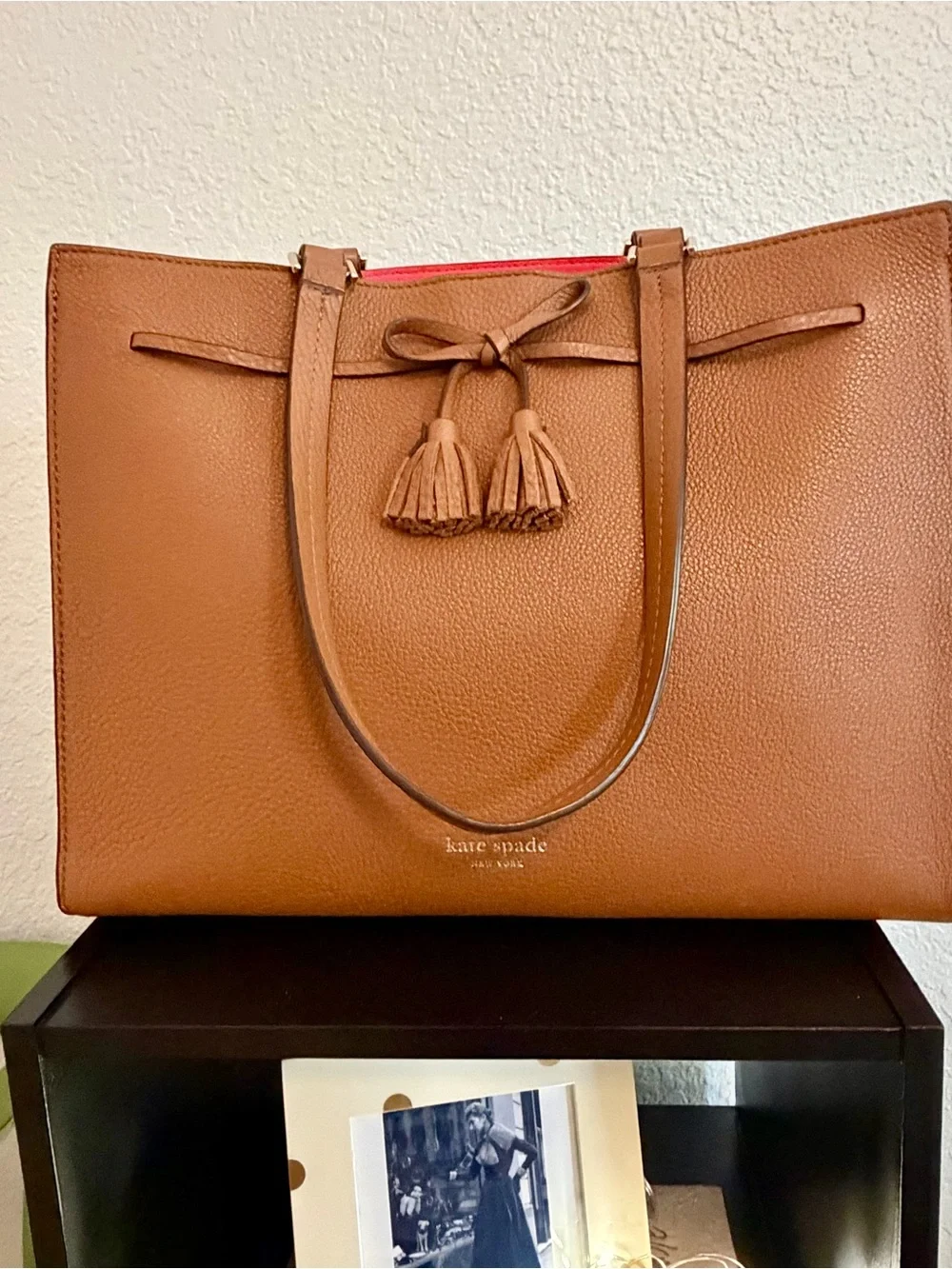 Kate Spade New York Hayes Large Pebbled Leather Tote Cognac Brown Leather Tassel
